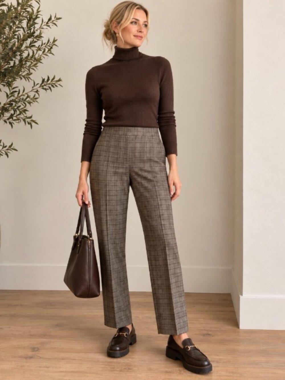 Tribal women's brown plaid straight leg stretch pant size 10p pull on